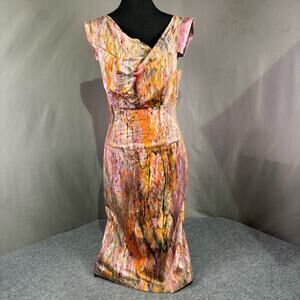 Black Halo Dress Women’s 6 Jackie O Paint Splatter Midi Back Zip Orange Pink